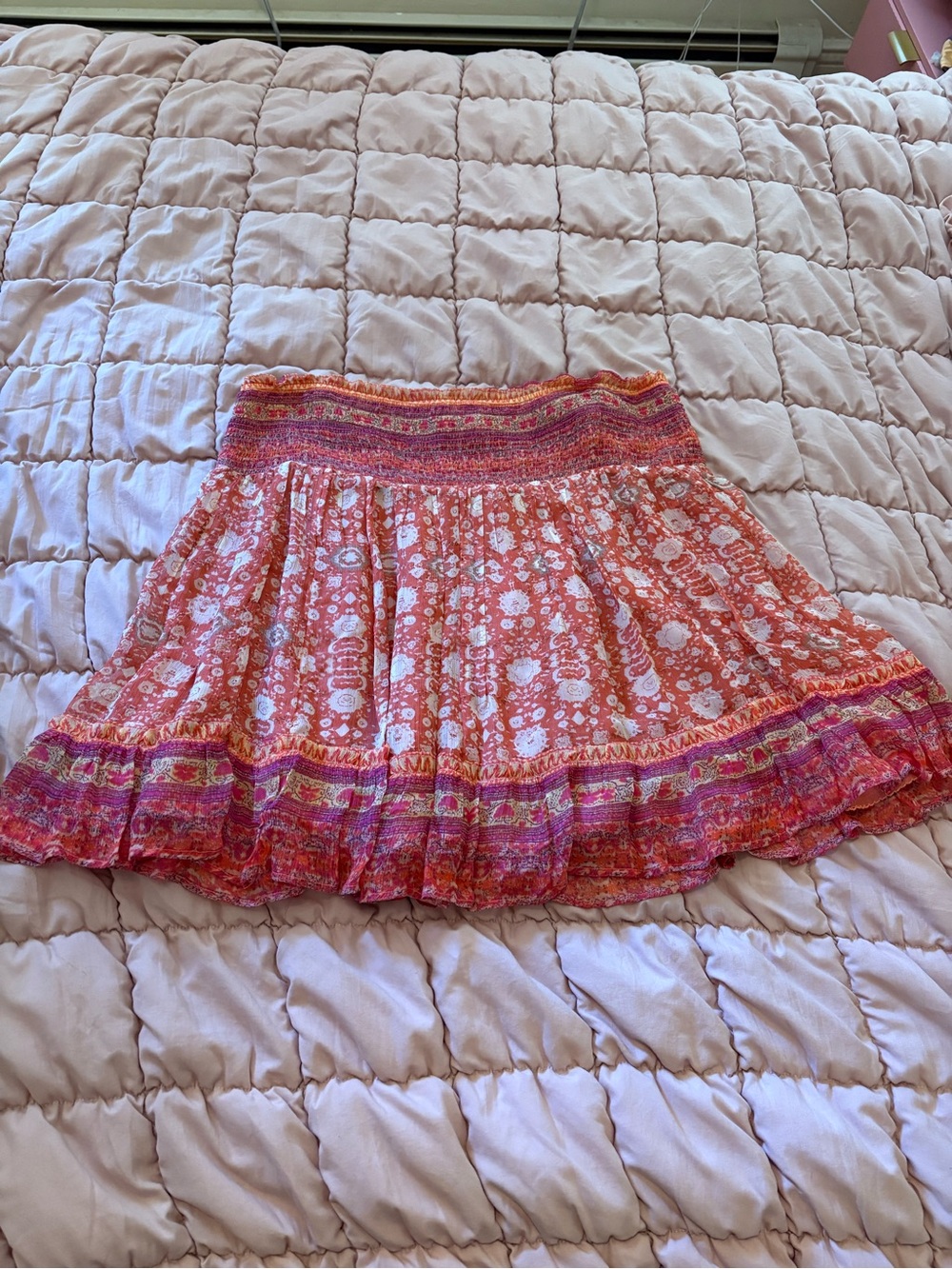 Anthropologie Coral and Pink Boho Floral Tiered Mini Skirt